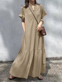 A-Line Loose Solid Color Split-Joint V-Neck Maxi Dresses: KHAKI / S