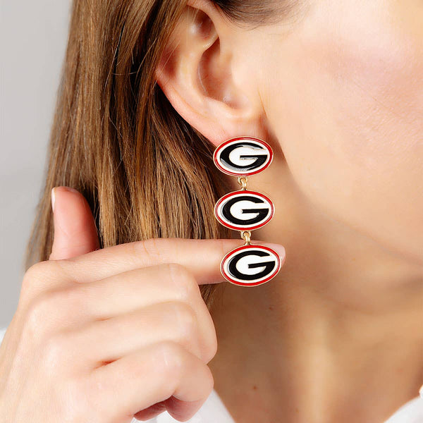 Georgia Bulldogs Triple Drop Enamel GAME DAY  Earrings in Black/Red