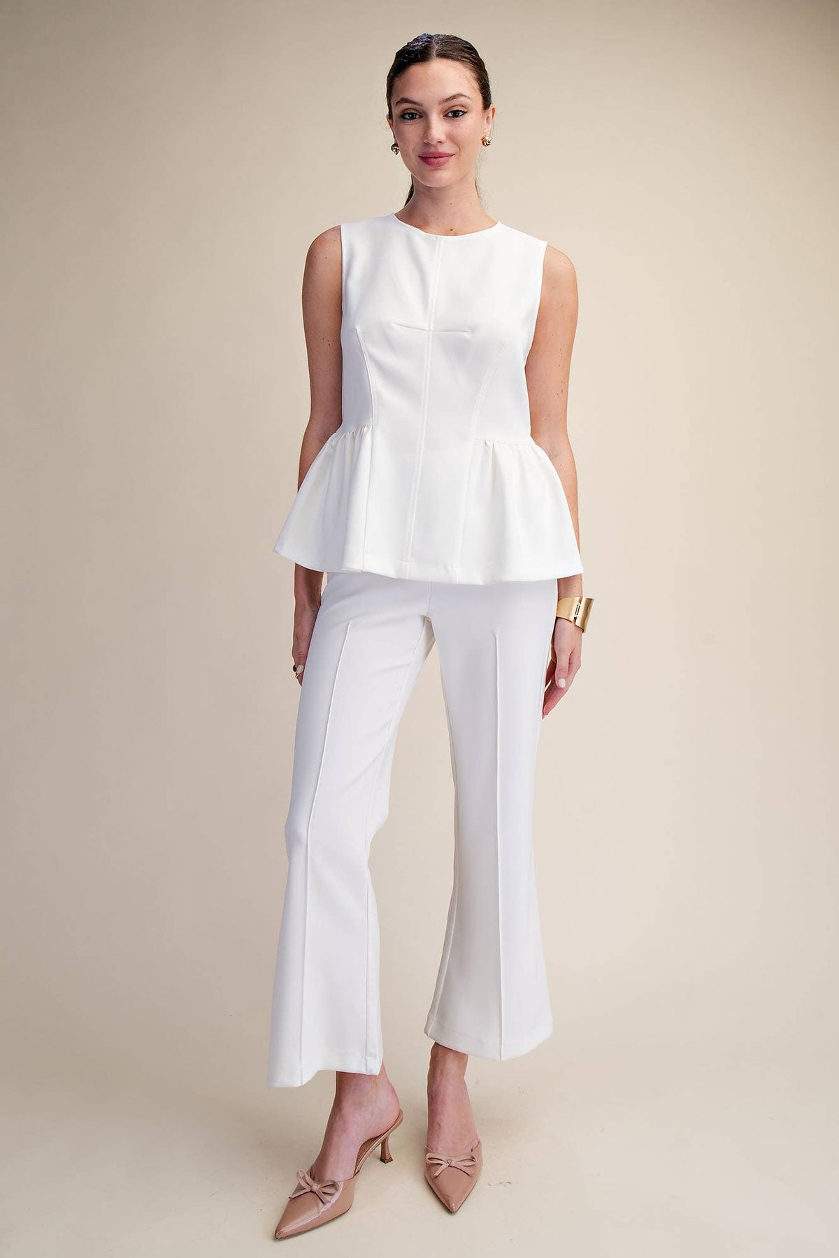 Peplum Top Round Neck Stitch Detail : Pink / M