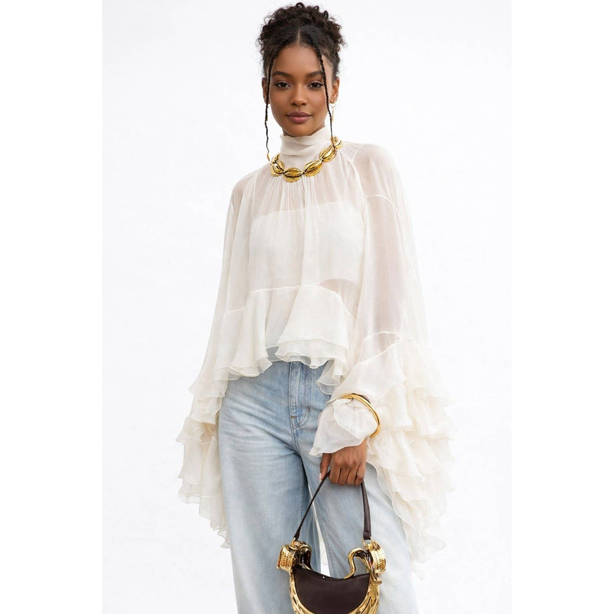 Cami Chiffon Tiered Loose Long Sleeve Sheer Blouse Top