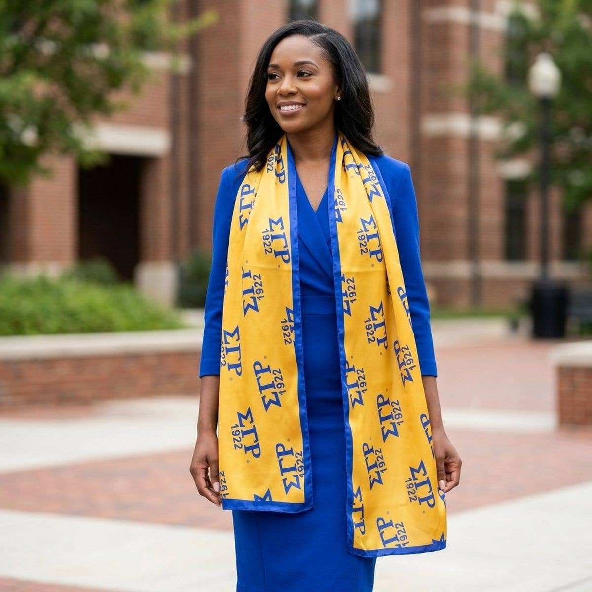 SGRHO Long Blue and Yellow 1922 Rectangle Scarf: Color: Gold and Blue / Plating: Multi Tone / Size: 64 x 16 inches