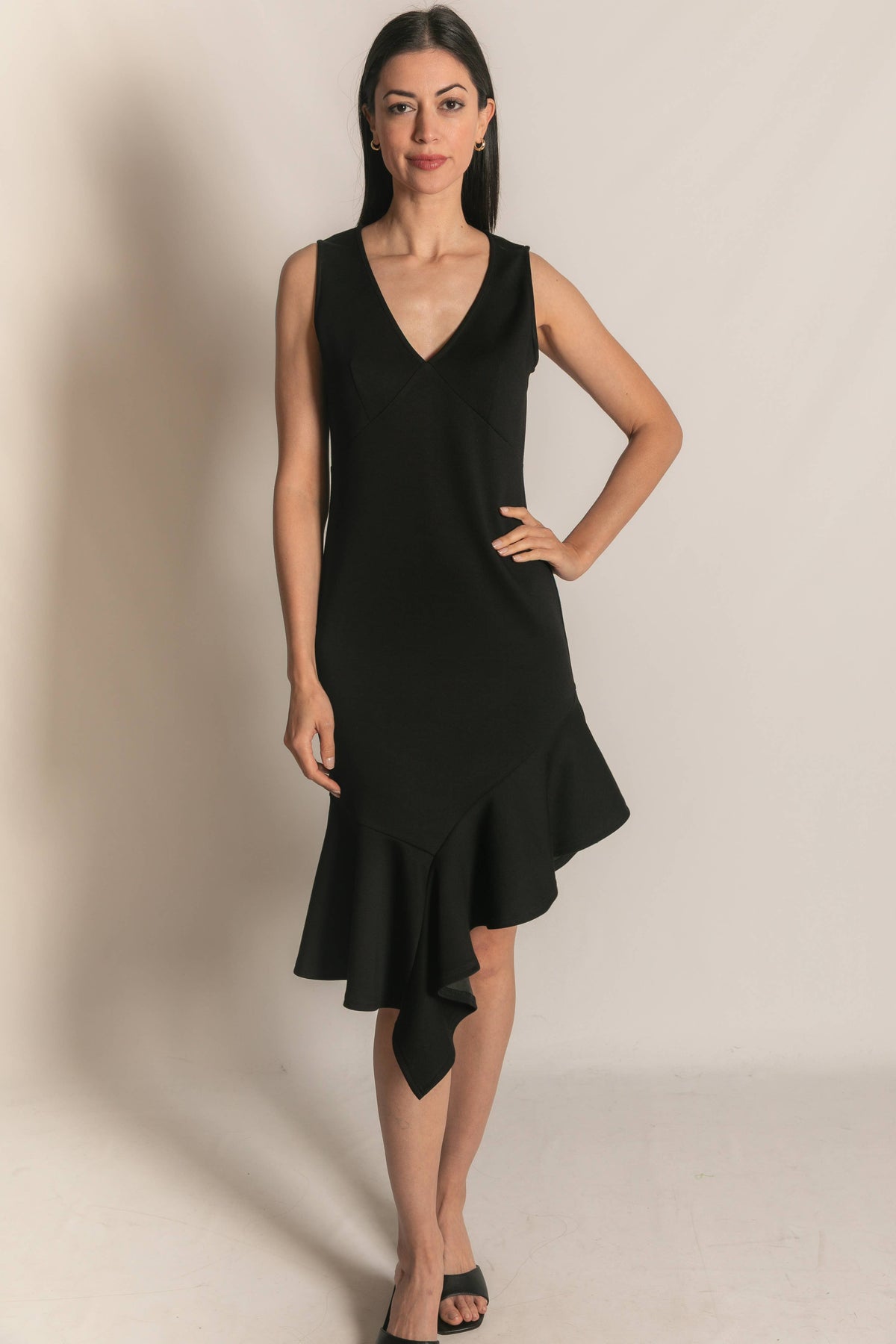 P. CILL Butter Modal Ruffle Bottom Sleeveless Midi Dress: Black / XS