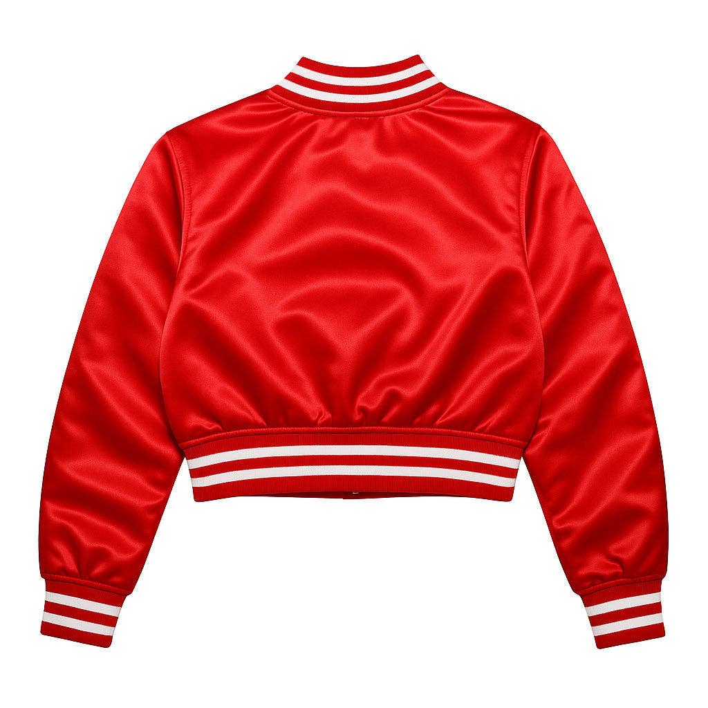 DST Greek Apparel Cropped Satin Varsity Jacket