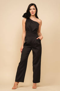 Rosette Applique One-Shoulder jumpsuit:  Ivory or Black