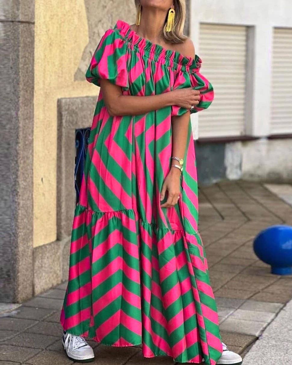 Janie Sexy Loose One-Shoulder Print Flared Sleeve Dress: GreenPink