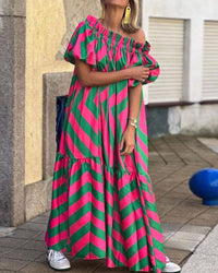 Janie Sexy Loose One-Shoulder Print Flared Sleeve Dress: GreenPink
