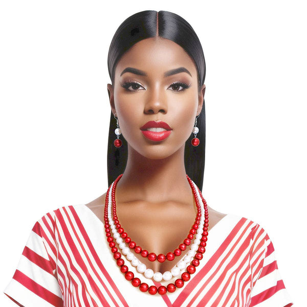 Pearl Necklace Red White 3 Strand for Women: 20 + 4 inches / Red and White / Rhodium