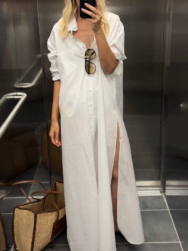 Long Sleeves Loose Buttoned Solid Color Split-Side Lapel Maxi Shirt Dress: WHITE / XL