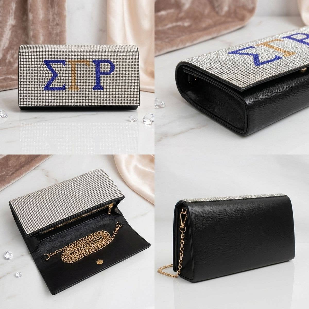 SGRHO Blue Gold Rhinestone Flap Snap Clutch Bag