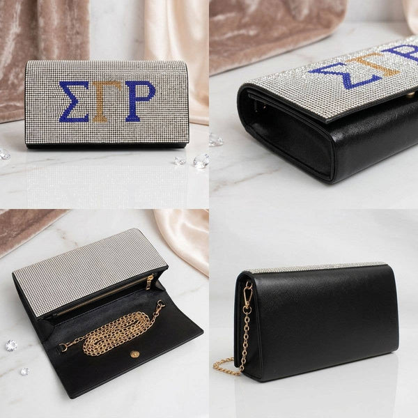 SGRHO Blue Gold Rhinestone Flap Snap Clutch Bag