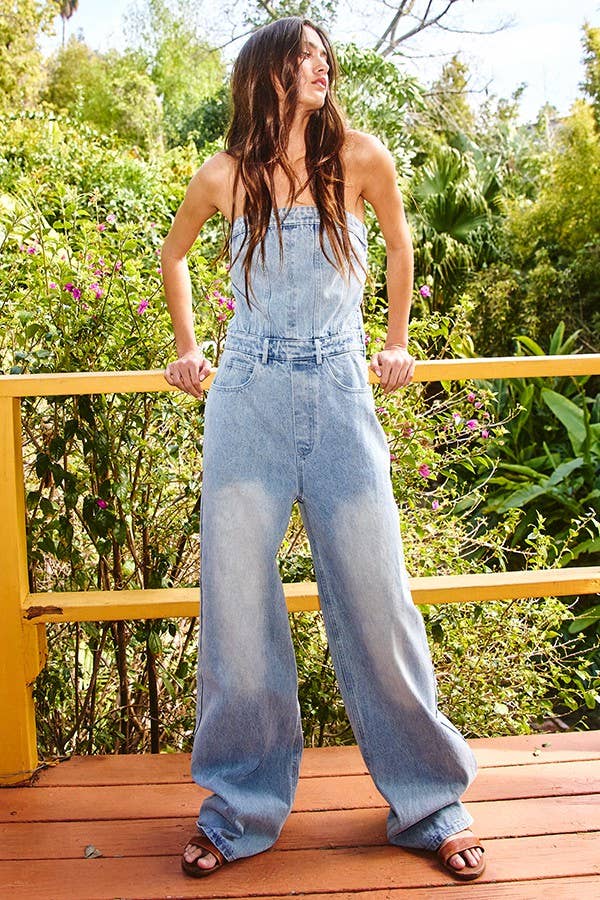 Halo Corset Style Strapless Denim Jumpsuit Light Denim Small