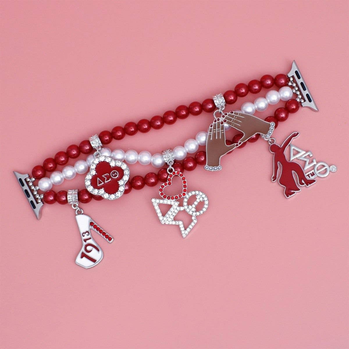 Delta Sigma Theta Red and White Pearl Charm Watch Band
