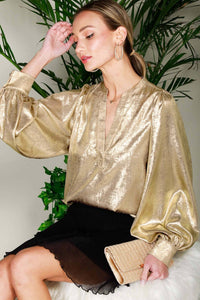 Henley Neck Long Balloon Sleeve Metallic Blouse Top  Metallic Gold