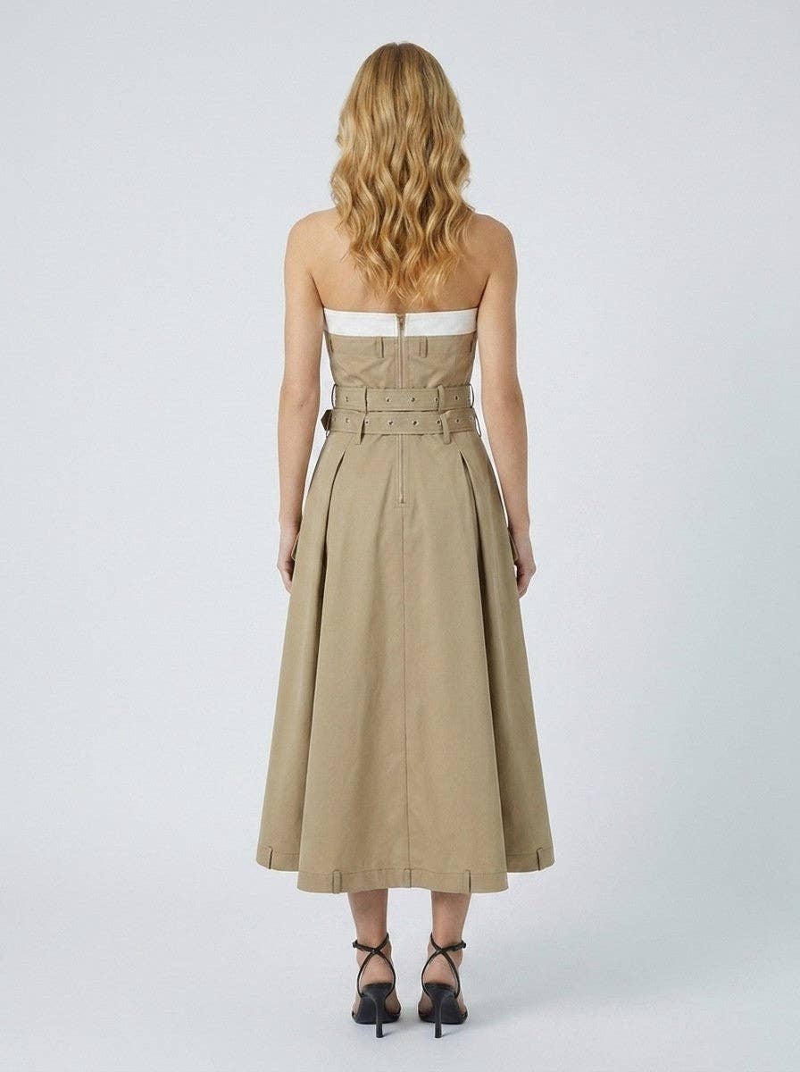 Strapless Trench Style Midi Dress with Double Belt Detail: Beige / S