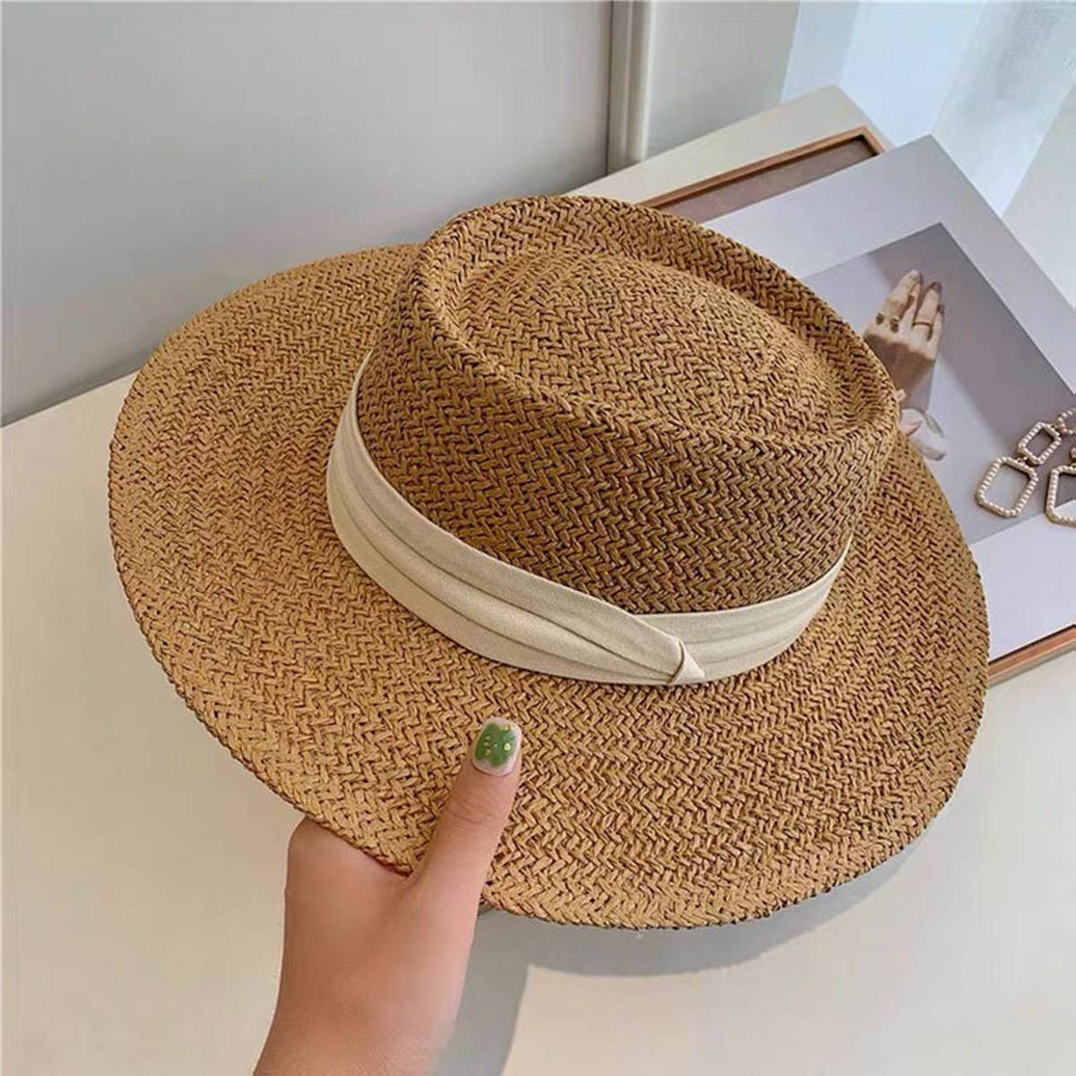 BEACH VACATION SUN FEDORA STRAW HATS FOR WOMEN_CWAH1151: KHAKIBLACK / (OS) 1