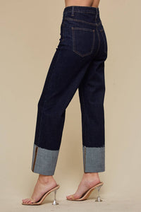 STRAIGHT LEG BOYFRIEND FIT CUFFED JEANS- DARK DENIM