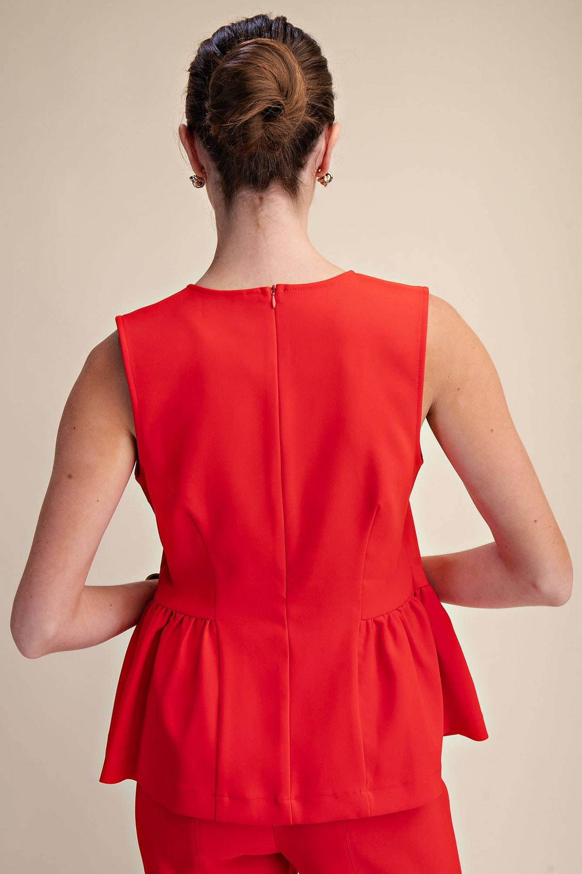 Peplum Top Round Neck Stitch Detail : Red / S