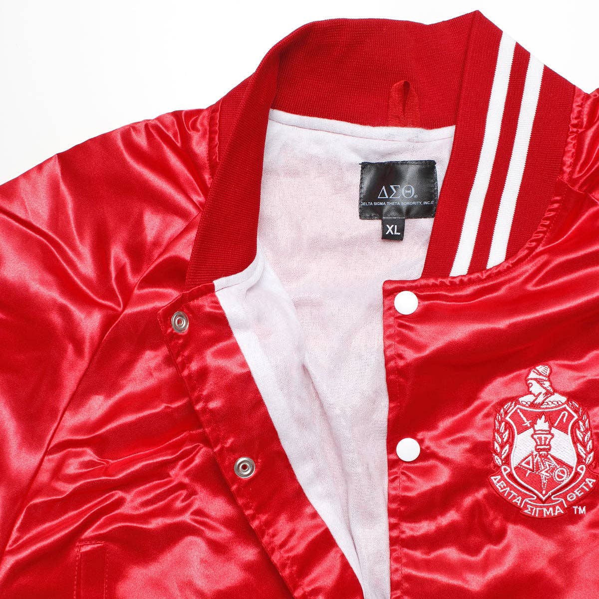 DST Greek Apparel Cropped Satin Varsity Jacket
