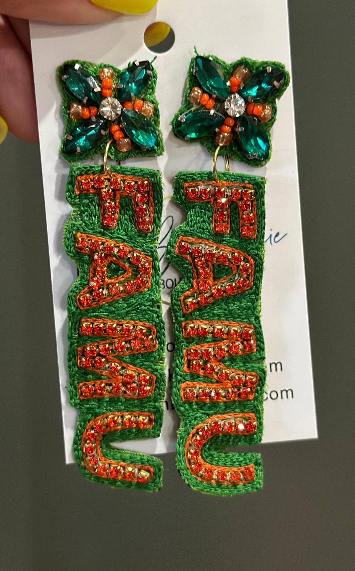 Green and Orange FAMU Stitched and Jeweled Earrings