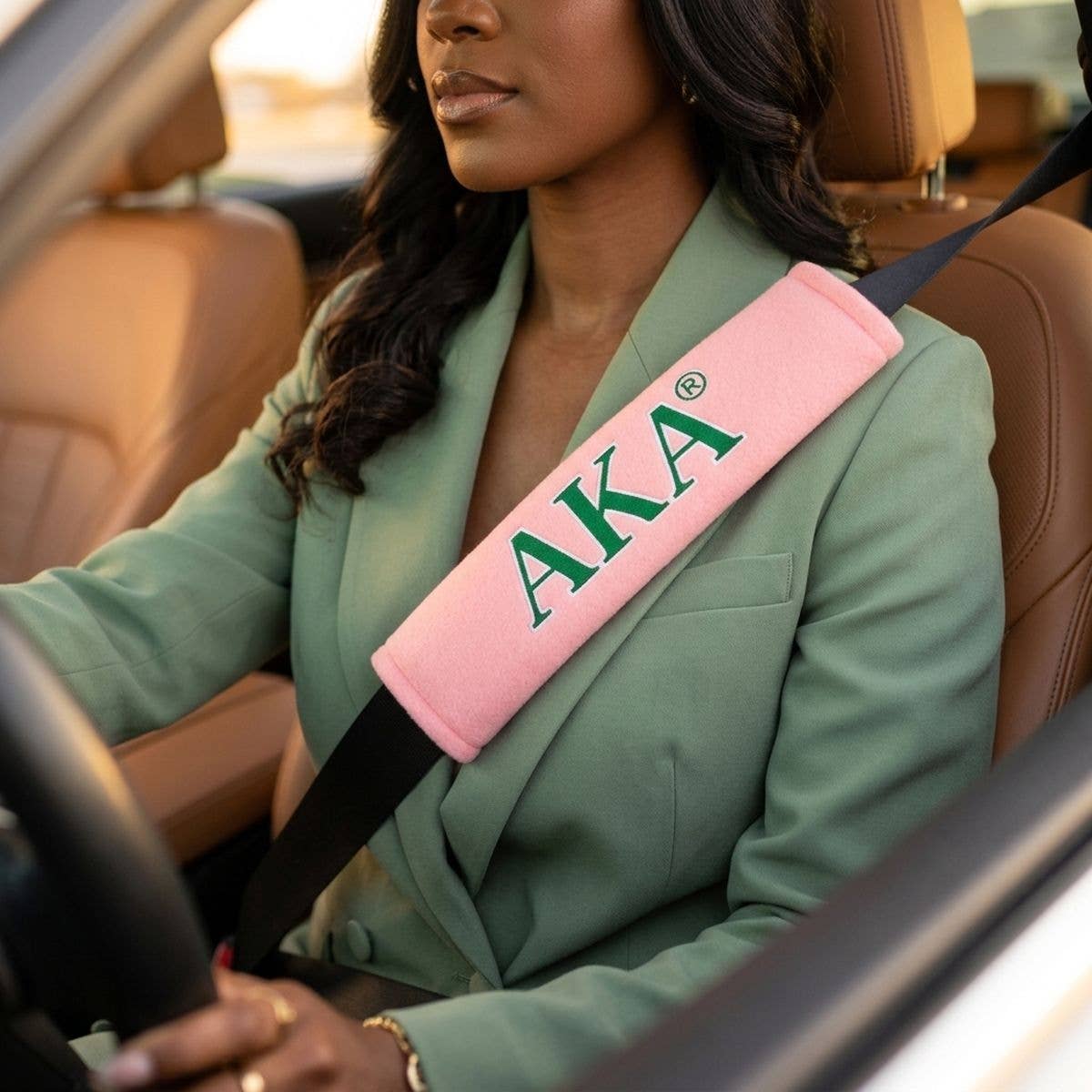 Alpha Kappa Alpha Pink Seat Belt Cover Set: Animal Print / Multi Tone / 9.5 x 2.5 inches