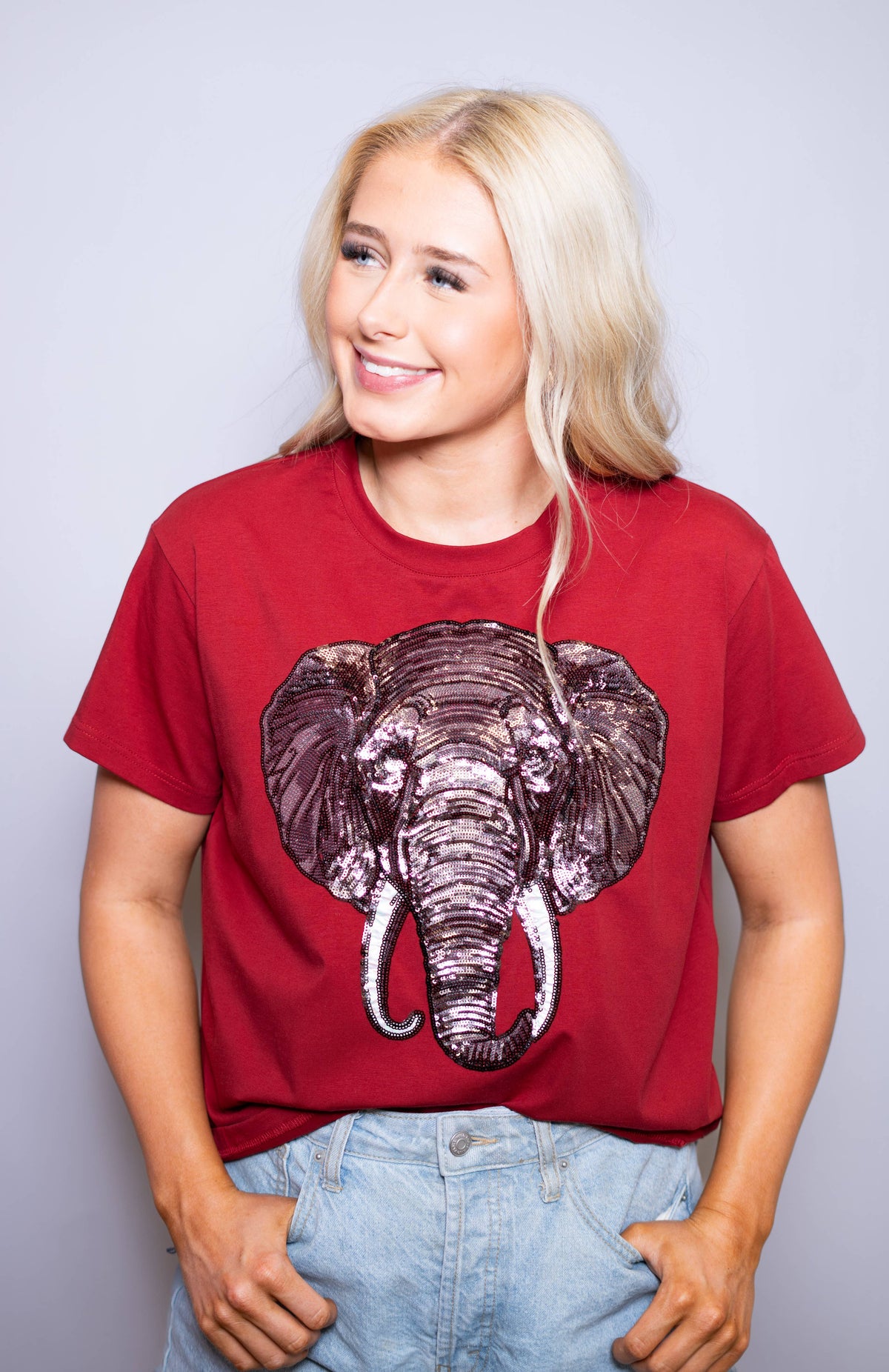 T-Town Elephant Tusks Univ of Alabama | Women's Sequin Design Tee (Crimson):