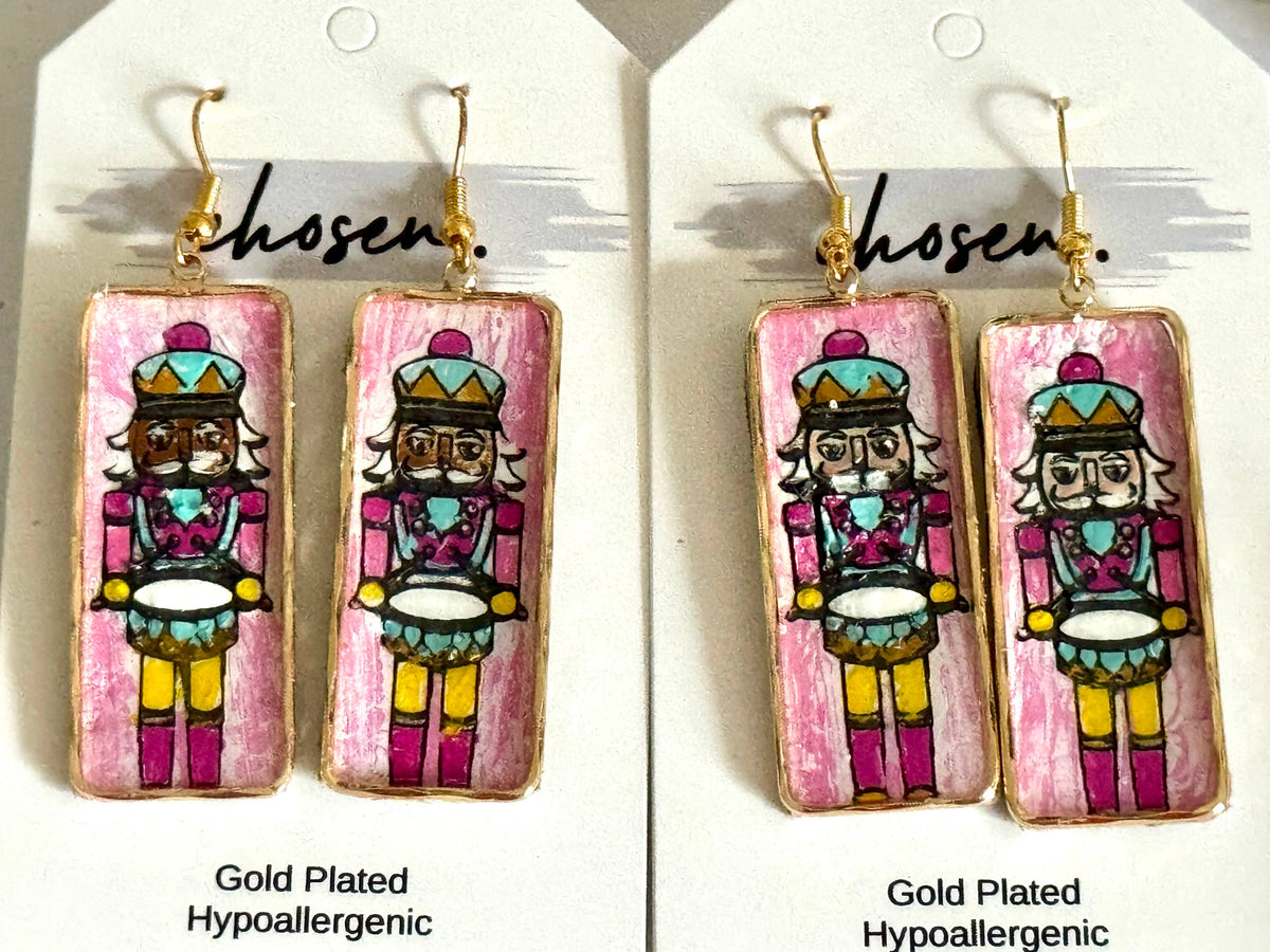 Nutcracker Hand Painted Leather Earring Collection: Pink-Dark Skin Tone-Gold plated frames and hooks