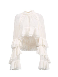 SY636 Layered Ruffle Chiffon Blouse Long Sleeve Chic: Off-White / English / M