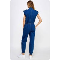 Kyra High Neck Sleeveless Denim Jumpsuit: Denim and Black Denim