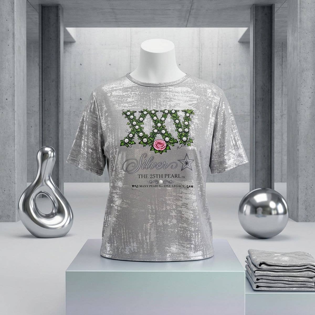 Small AKA Silver Soror 25th Pearl Metallic Tee: Silver / Multi Tone / Small