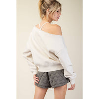 FRENCH TERRY FLEECE OFF SHOULDER TOP: Peach Pink / S-M-L(2-2-2)