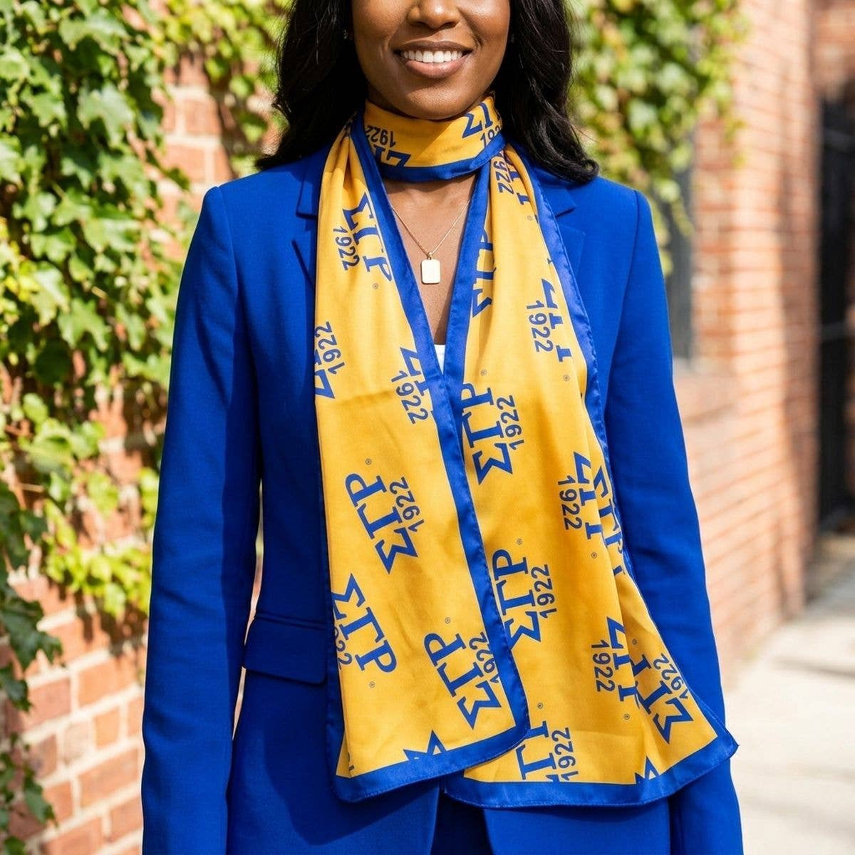 SGRHO Long Blue and Yellow 1922 Rectangle Scarf: Color: Gold and Blue / Plating: Multi Tone / Size: 64 x 16 inches