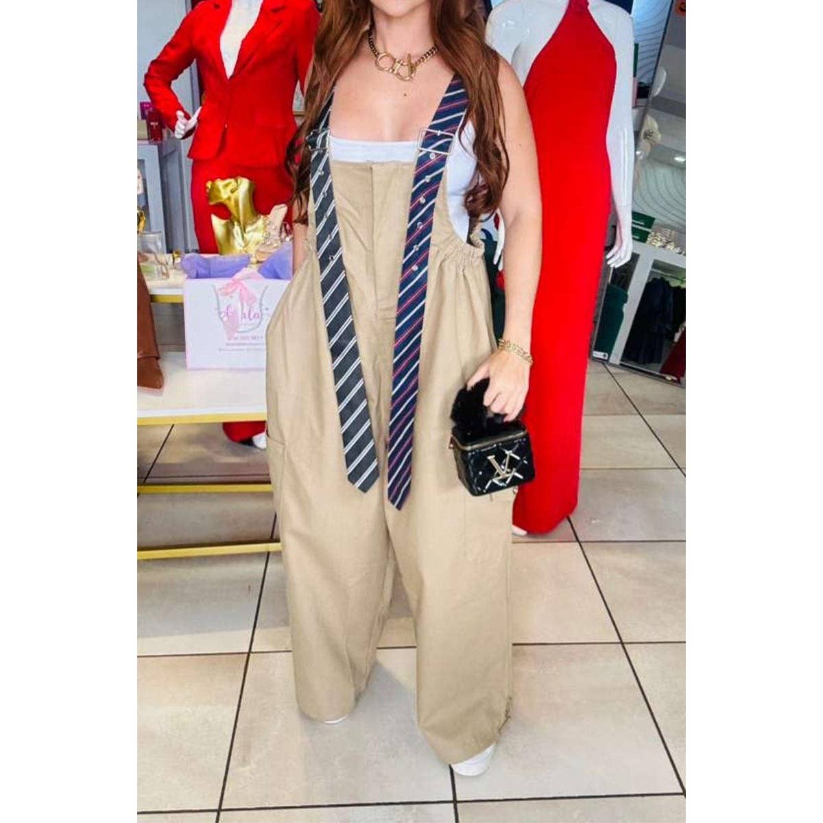 Executive Edge Taupe Stripe Tie Strap Detail Wide Leg Jumpsuit