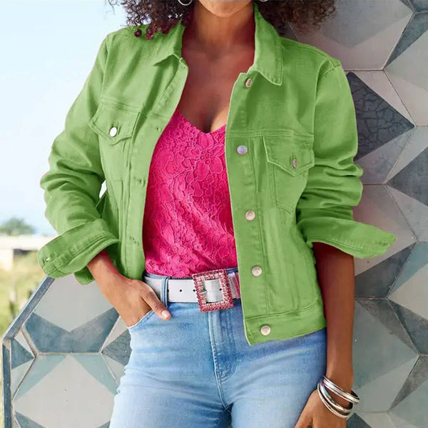 Solid color slim cropped denim jacket casual jacket: Green / (XXL) 1