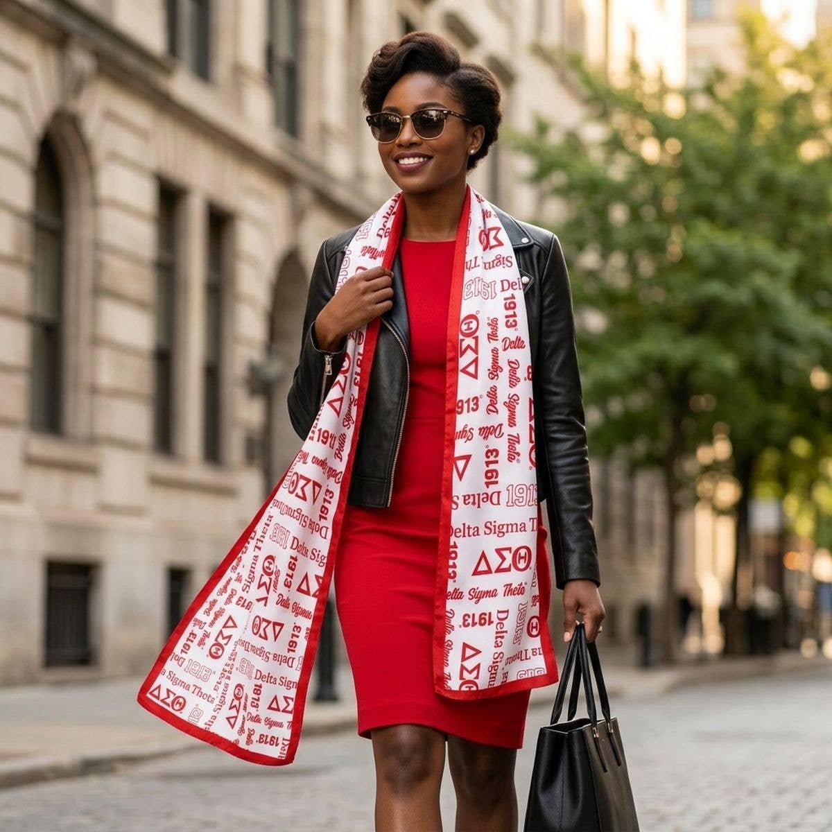 DST Long White and Red Graphic Rectangle Scarf: Color: White / Plating: Multi Tone / Size: 64 x 16 inches