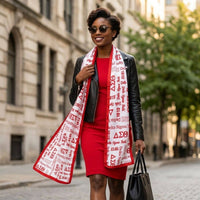 DST Long White and Red Graphic Rectangle Scarf: Color: White / Plating: Multi Tone / Size: 64 x 16 inches