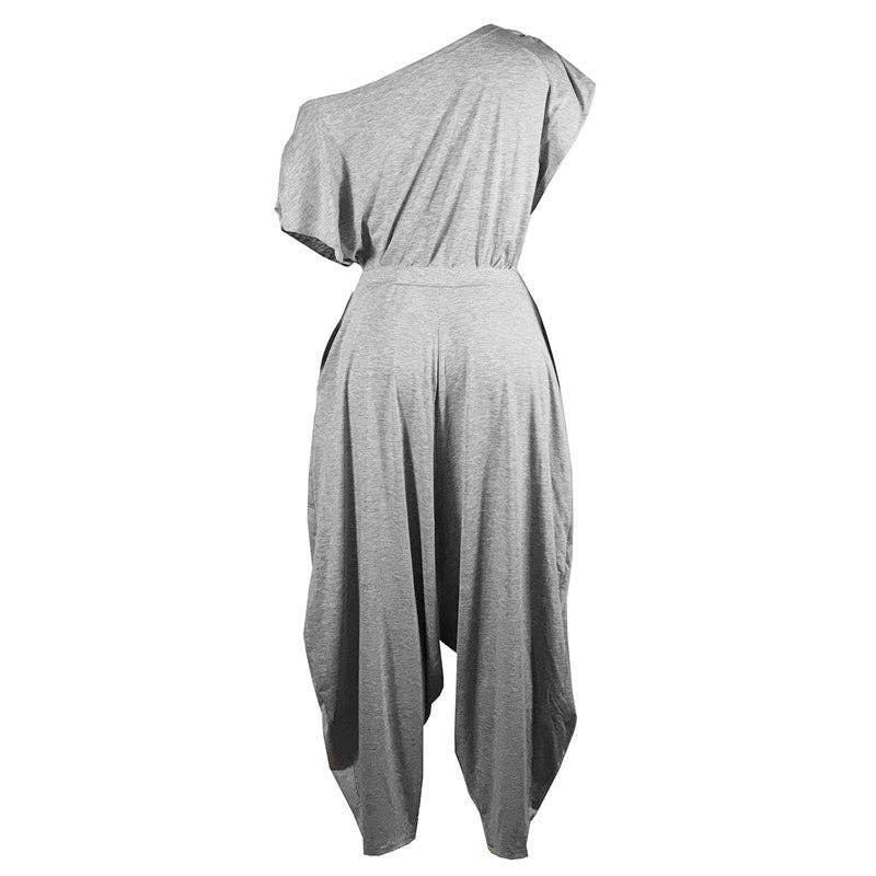 Solid Color Off Shoulder Jumpsuit Harem Pants: Red / L