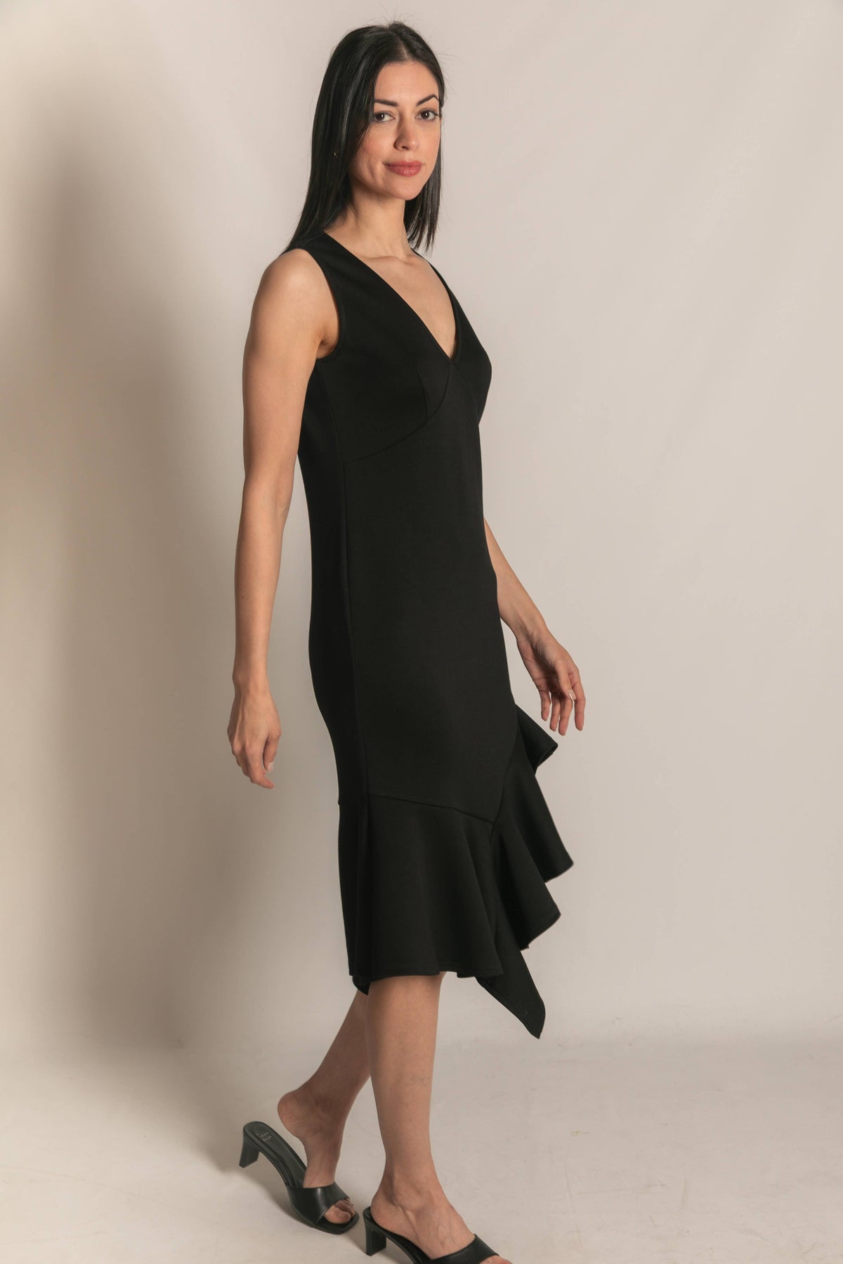 P. CILL Butter Modal Ruffle Bottom Sleeveless Midi Dress: Black / XS