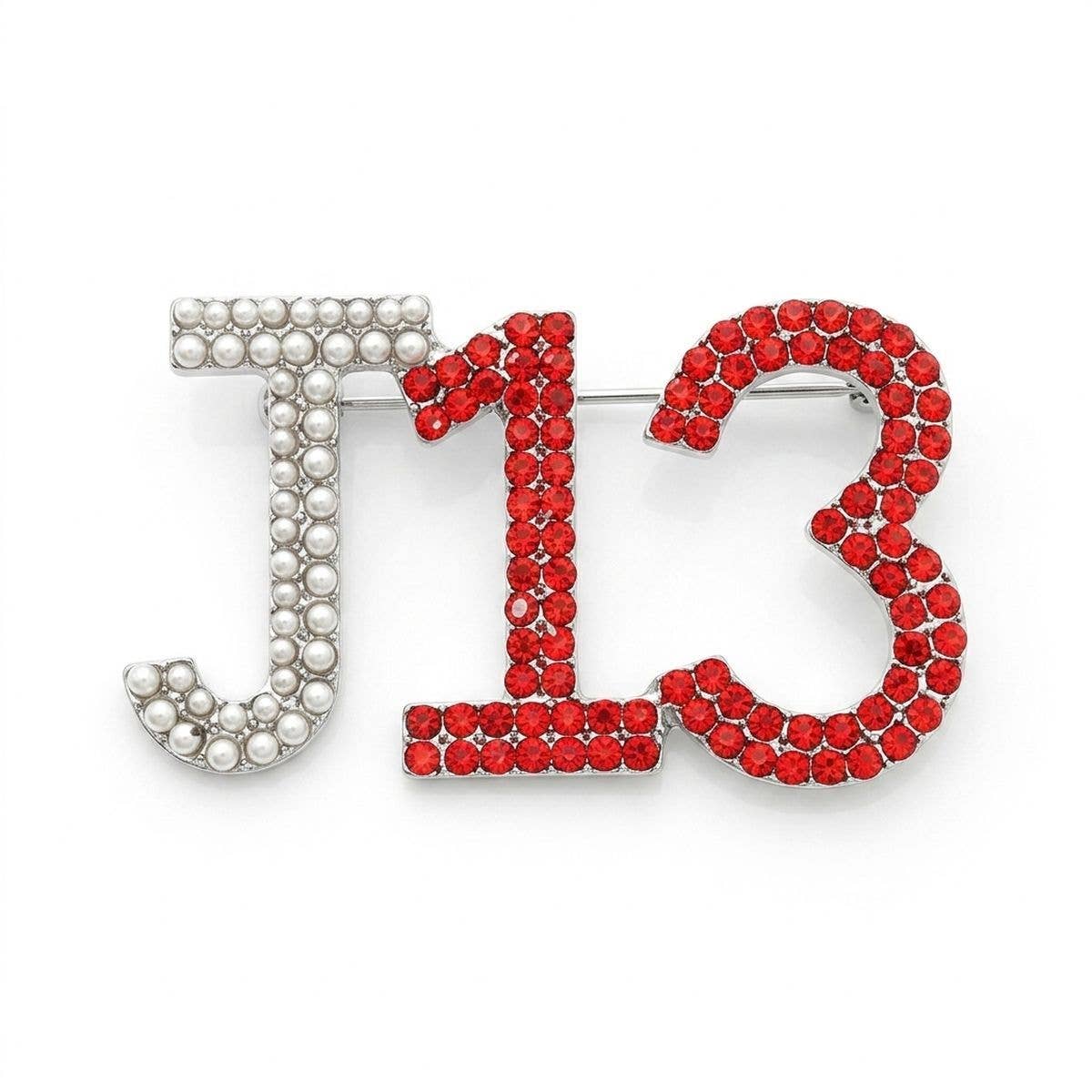 Delta Sigma Theta J13 Pearl Rhinestone Brooch: Red and White / Rhodium / 1 x 1.85 inches