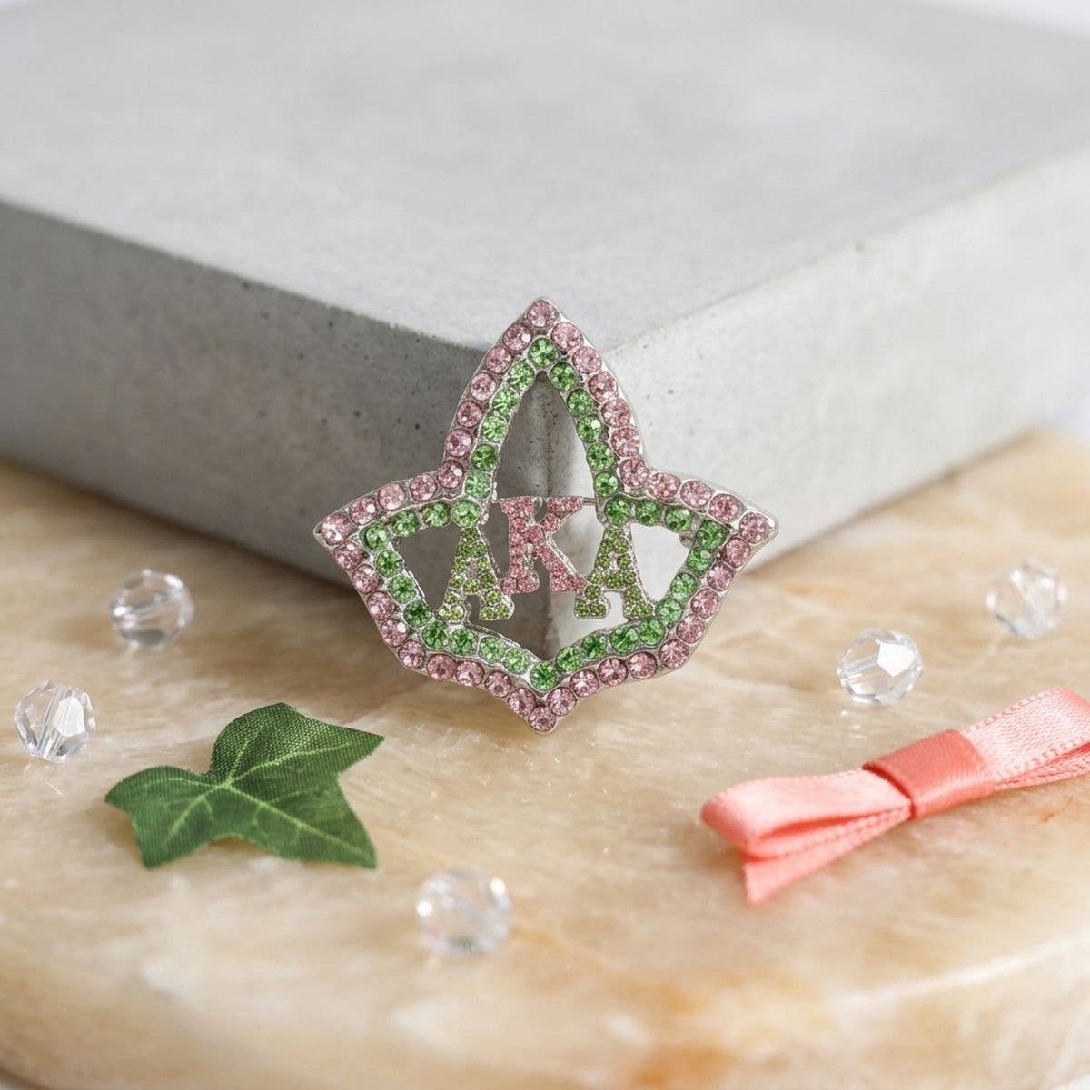 AKA Ivy Leaf Greek Rhinestone Brooch Lapel Pin: Pink and Green / Rhodium / 1.35 x 1.5 inches