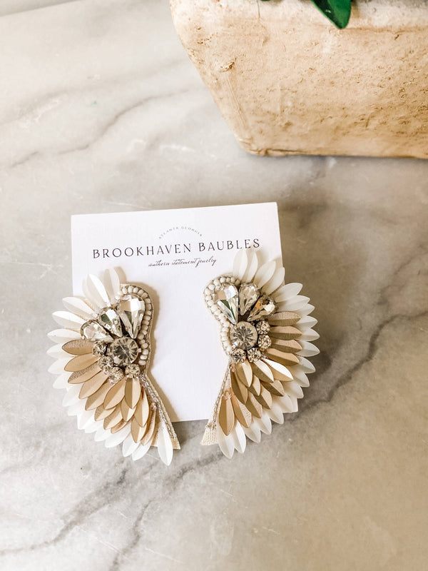 Ivory Gold Ombré Beaded Crystal Winged Statement Earrings