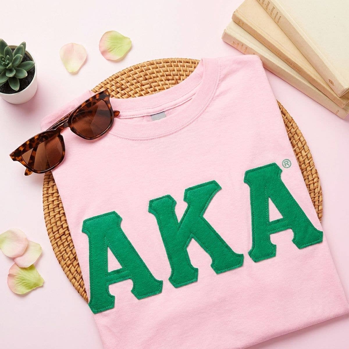 AKA Embroidered Patch M T-Shirt Sorority Apparel: Pink and Green / Multi Tone / Medium