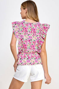 Viviana V-NECK FLOWER PRINT SMOCKING PEPLUM TOP: MAGENTA MULTI