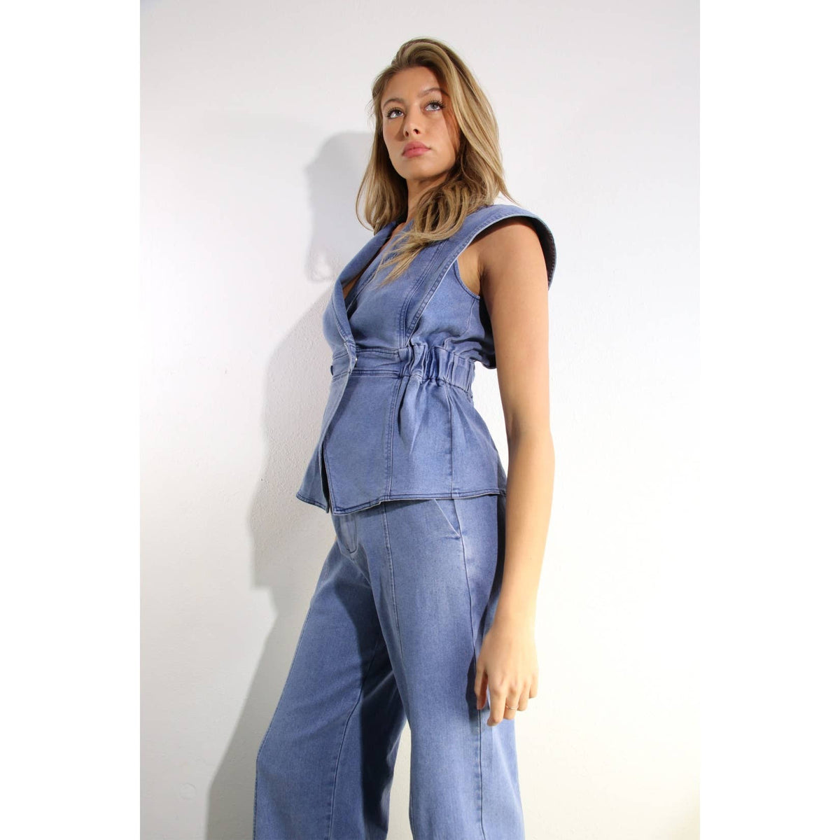 ATHENA STRETCH COLLARED TOP AND PANTS SET in DENIM
