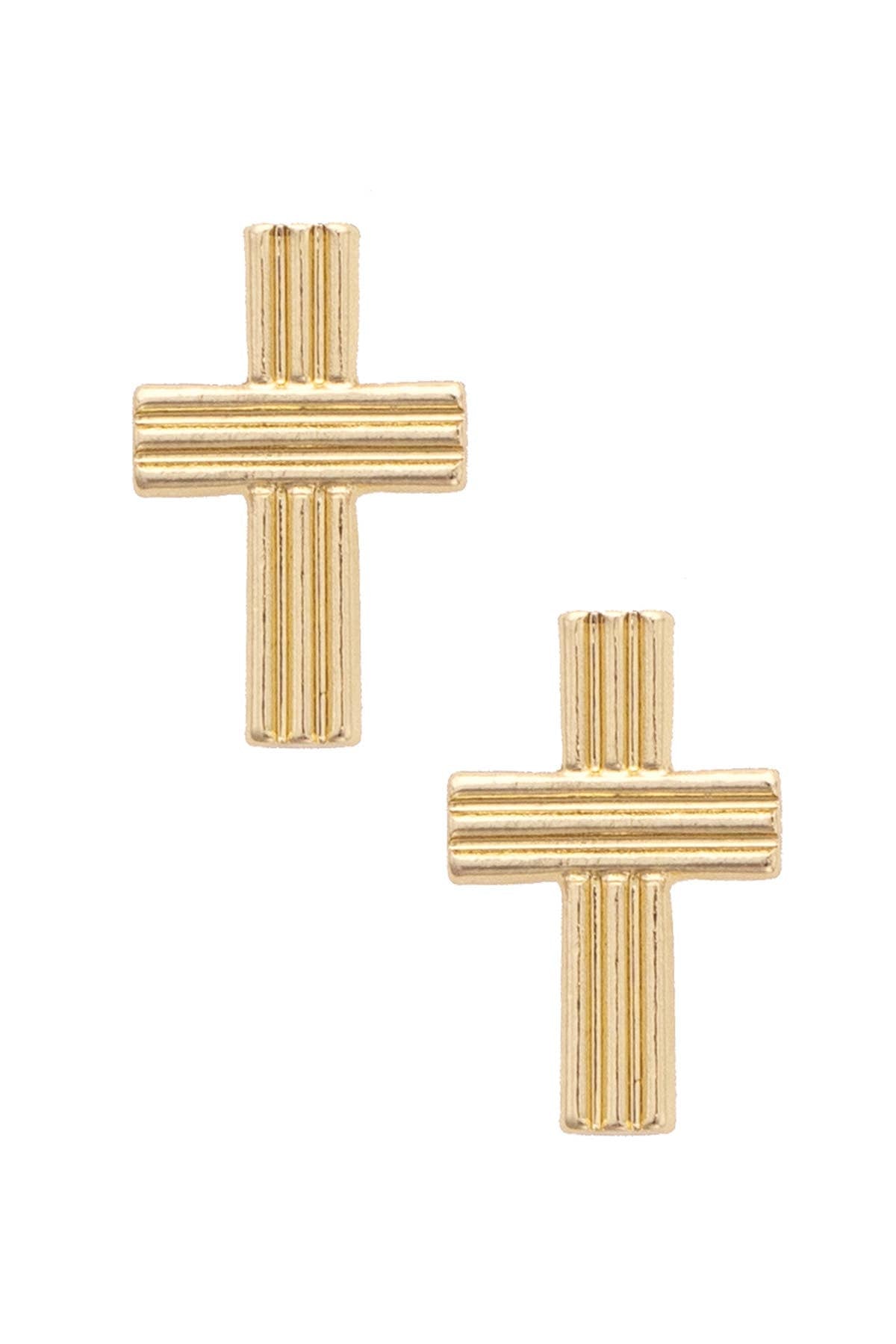 Felicia Ribbed Cross Stud Earrings in Shiny Gold