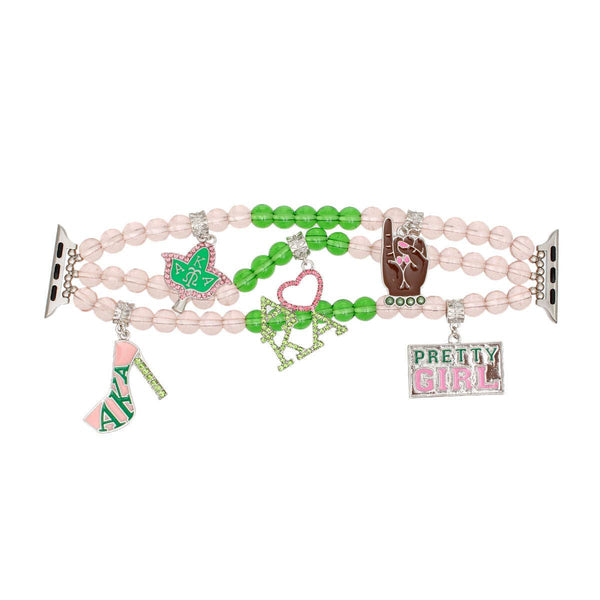 AKA Sorority Pink Green Glass Watch Band for Women: Pink and Green / Rhodium / Stretch to Fit