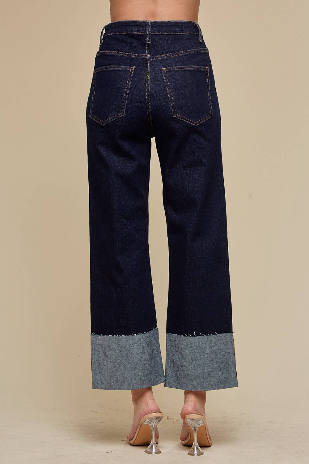 STRAIGHT LEG BOYFRIEND FIT CUFFED JEANS- DARK DENIM