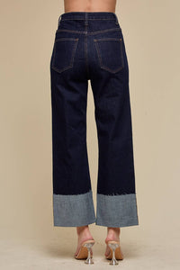 STRAIGHT LEG BOYFRIEND FIT CUFFED JEANS- DARK DENIM
