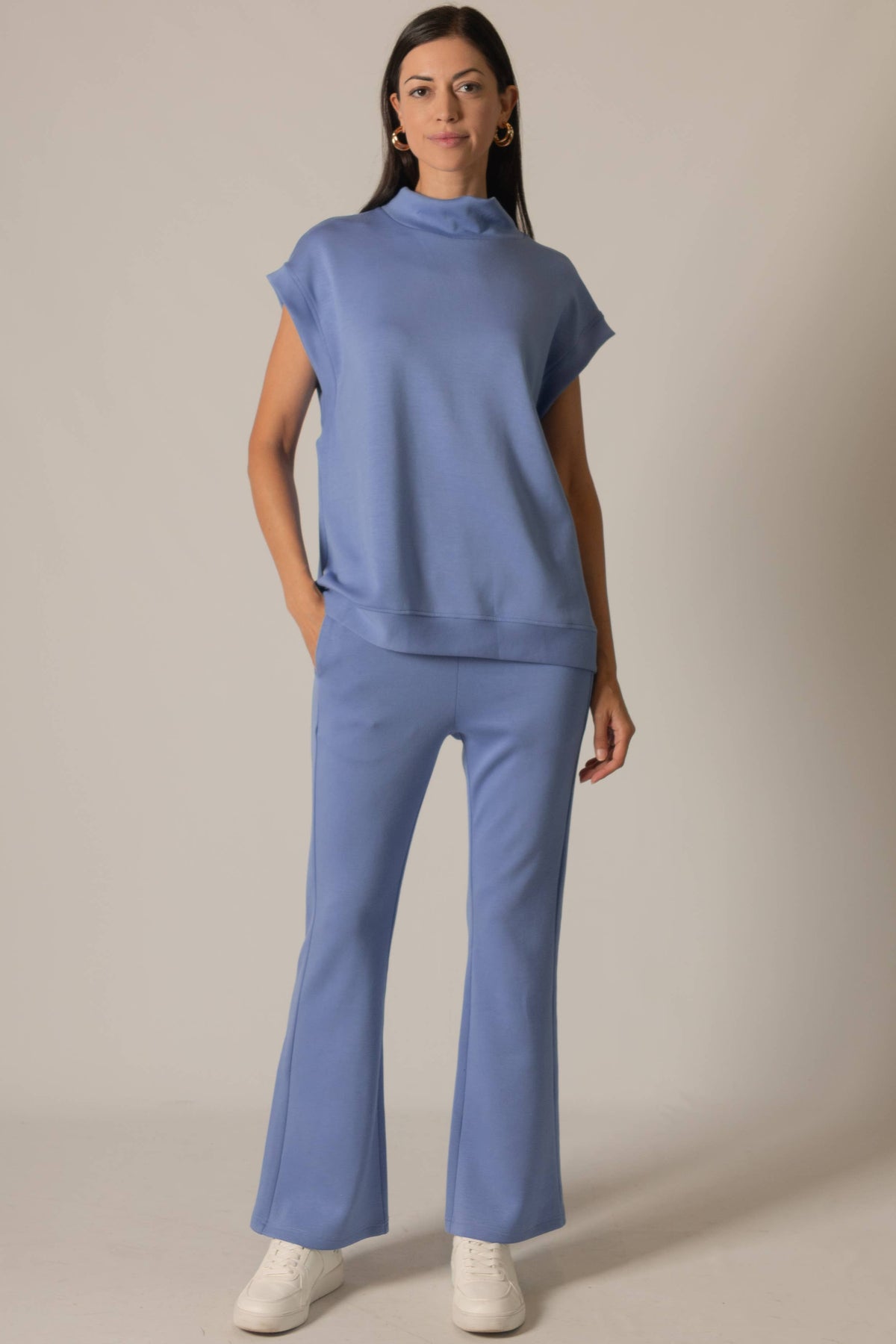 P. CILL Butter Modal Mock Neck Capped Sleeve Top: Cornflower Blue