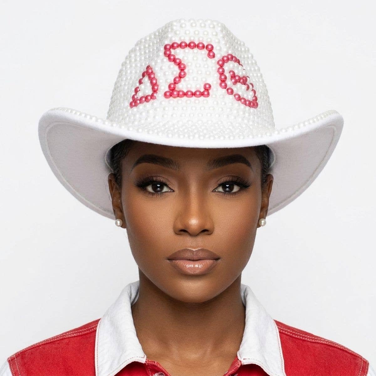 DST Sorority White and Red Pearl Fedora Hat Women\