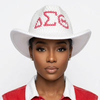 DST Sorority White and Red Pearl Fedora Hat Women\